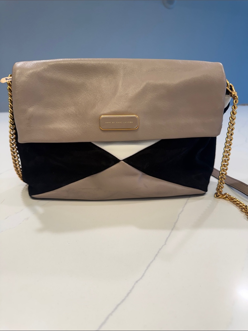 Marc by Marc Jacobs Black, Taupe & White Fold-Over Crossbody with Gold Chain
